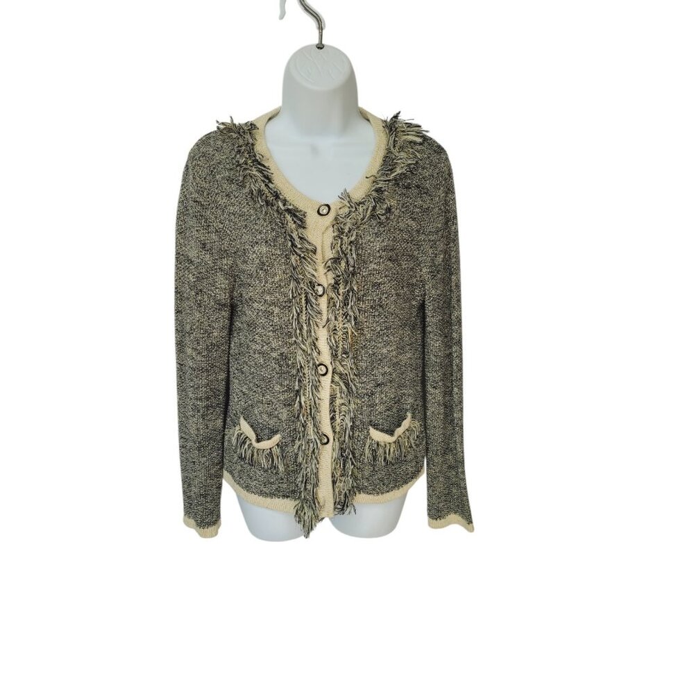 Vintage Y2K Fringe Cardigan Sweater S Shimmery Sparkle Knit Pockets Button - Picture 2 of 11